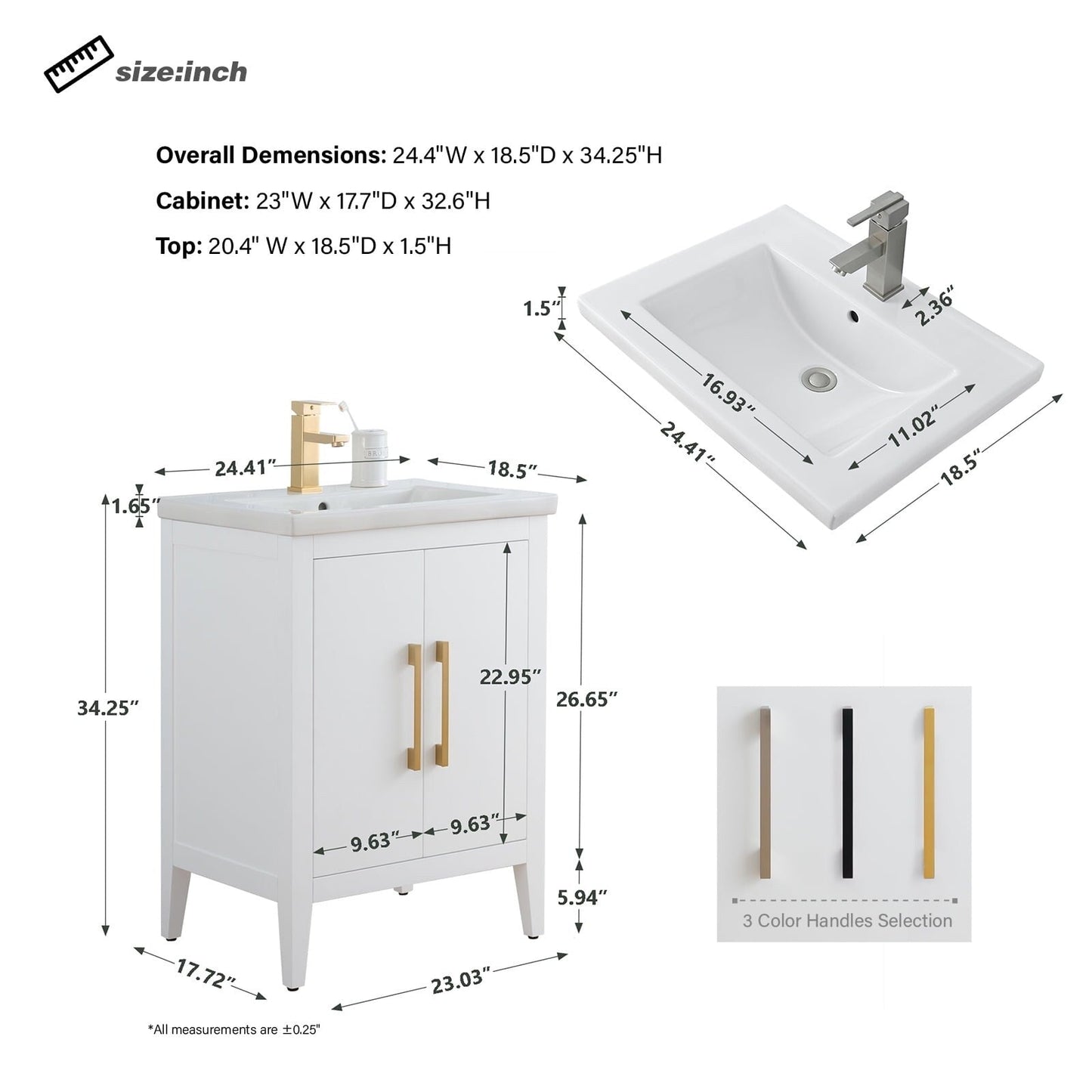 Meuble-lavabo de salle de bain Vanity Art avec lavabo simple, plateau en céramique, disponible en 20, 24 ou 30 pouces.