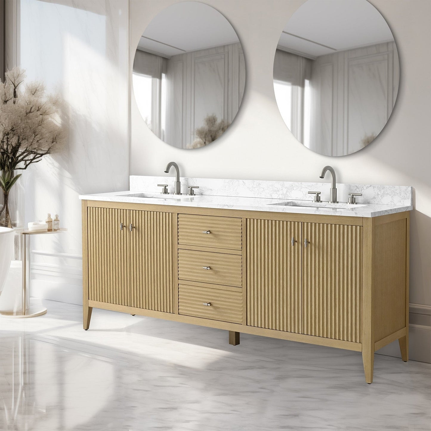 Meuble-lavabo de salle de bain Art 72 avec double lavabo et dessus en marbre synthétique.