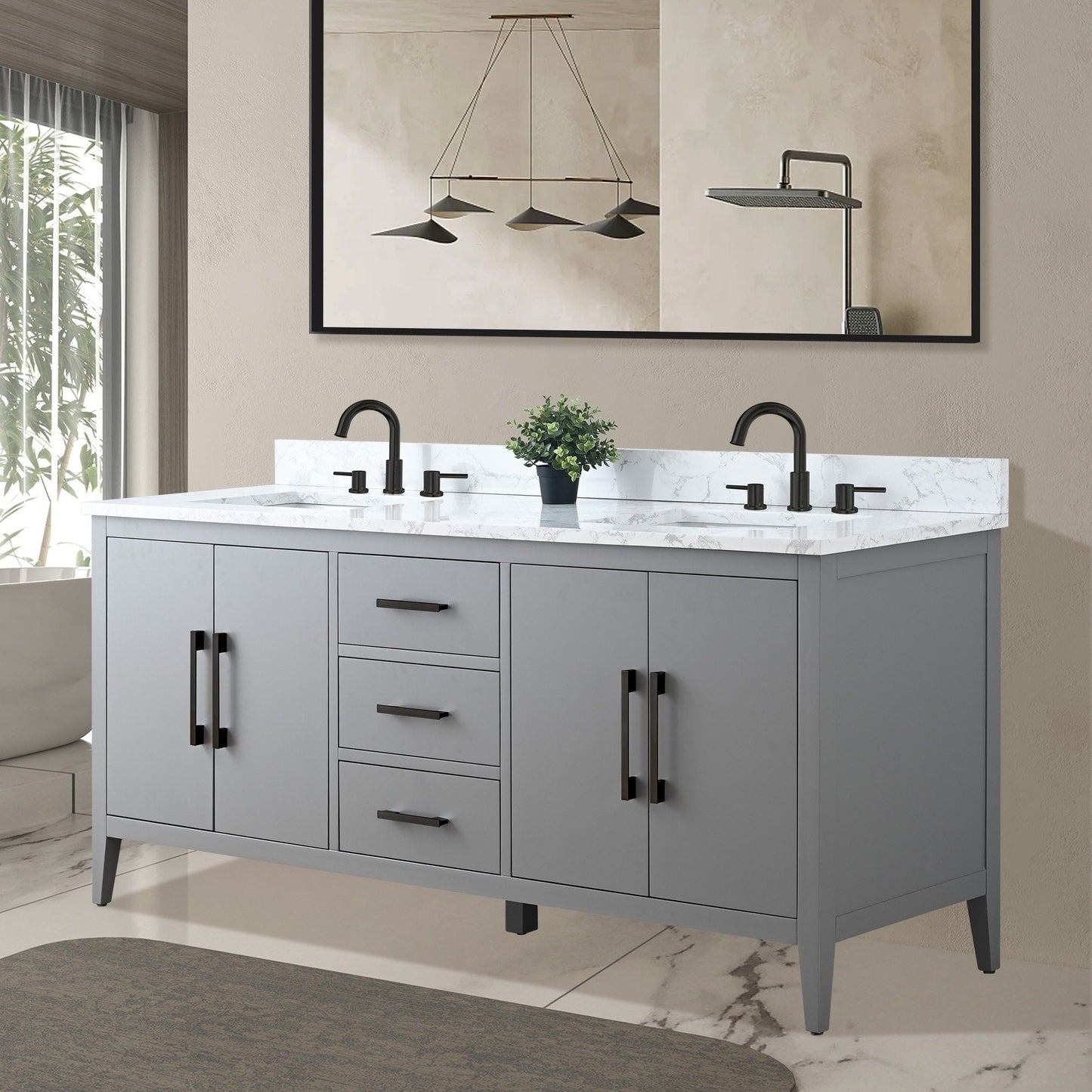 Meuble-lavabo de salle de bain Art 72 avec double lavabo et dessus en marbre synthétique.