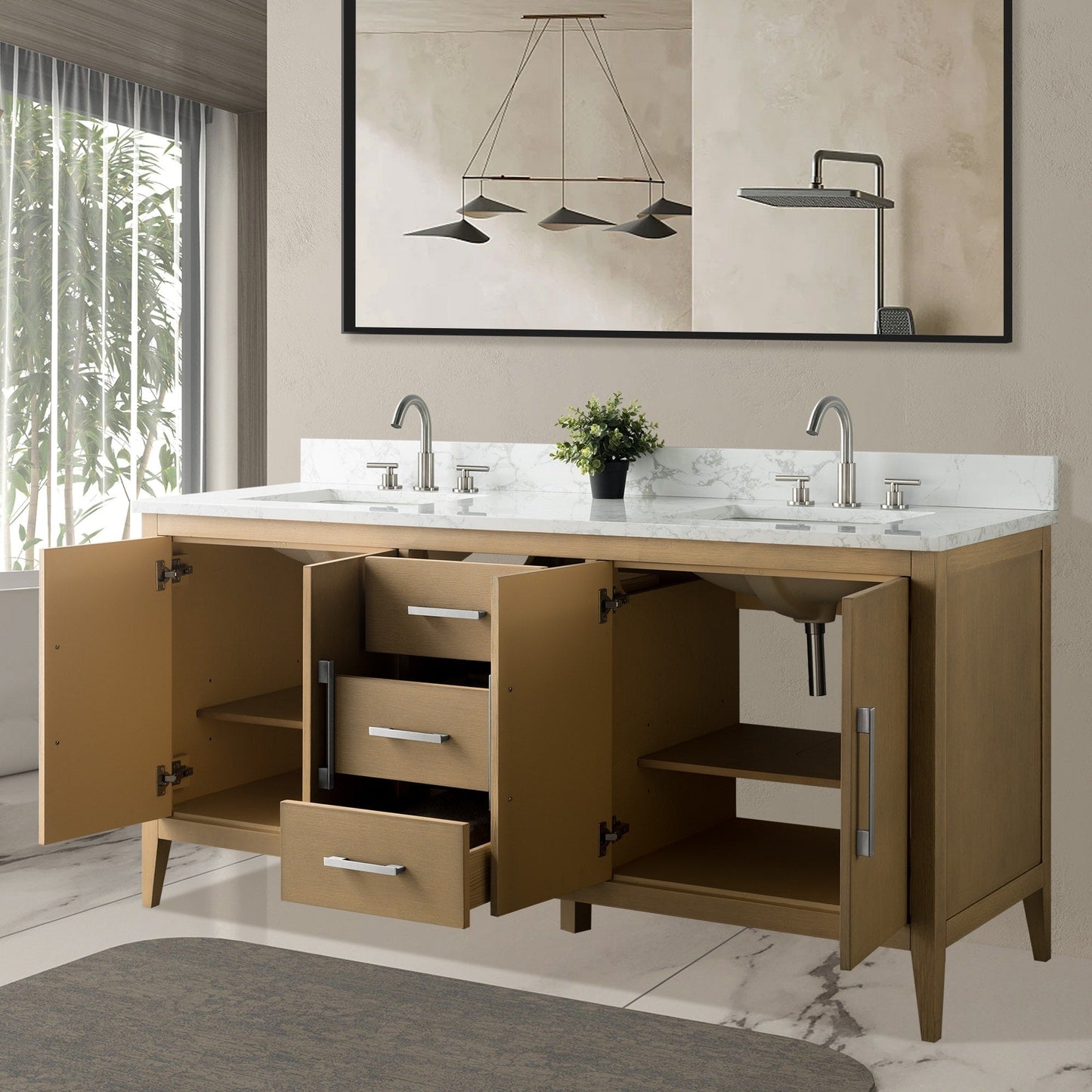 Meuble-lavabo de salle de bain Art 72 avec double lavabo et dessus en marbre synthétique.