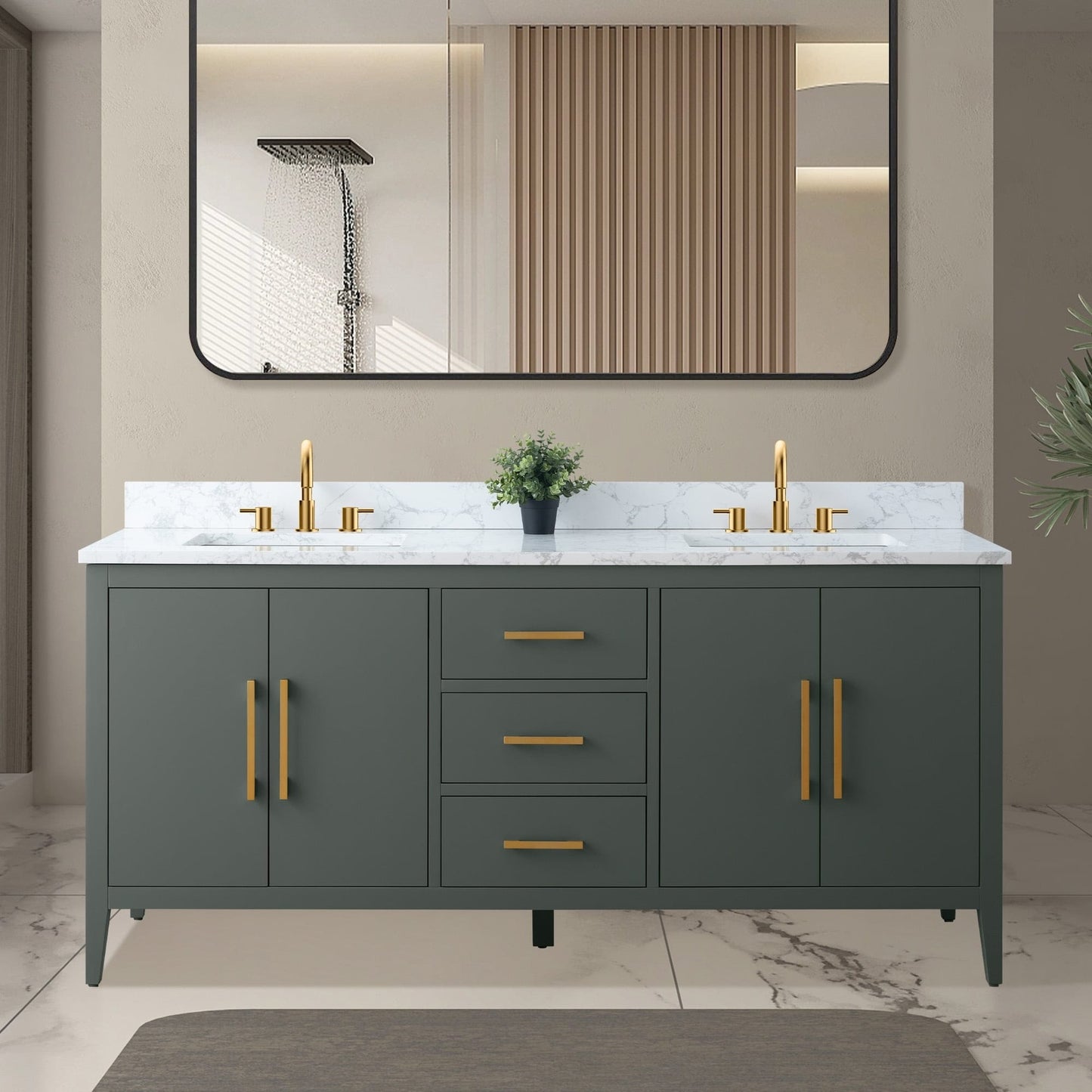 Meuble-lavabo de salle de bain Art 72 avec double lavabo et dessus en marbre synthétique.