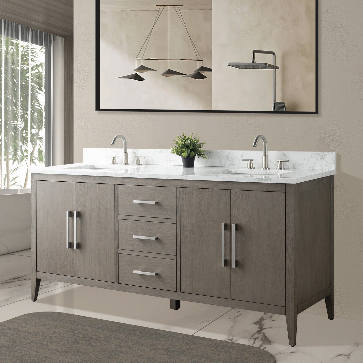 Meuble-lavabo de salle de bain Art 72 avec double lavabo et dessus en marbre synthétique.