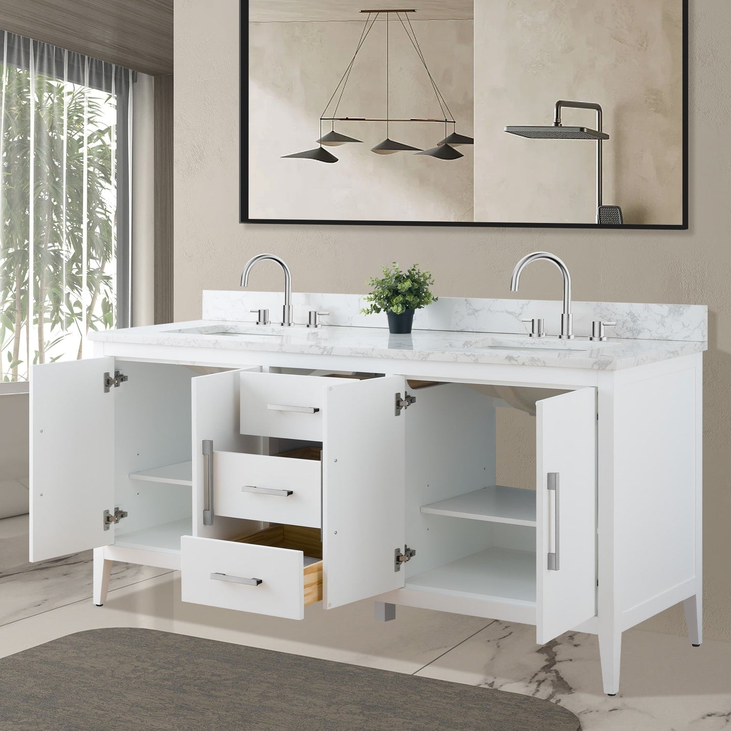Meuble-lavabo de salle de bain Art 72 avec double lavabo et dessus en marbre synthétique.
