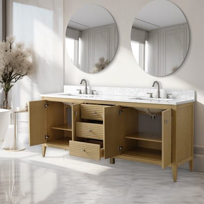 Meuble-lavabo de salle de bain Art 72 avec double lavabo et dessus en marbre synthétique.