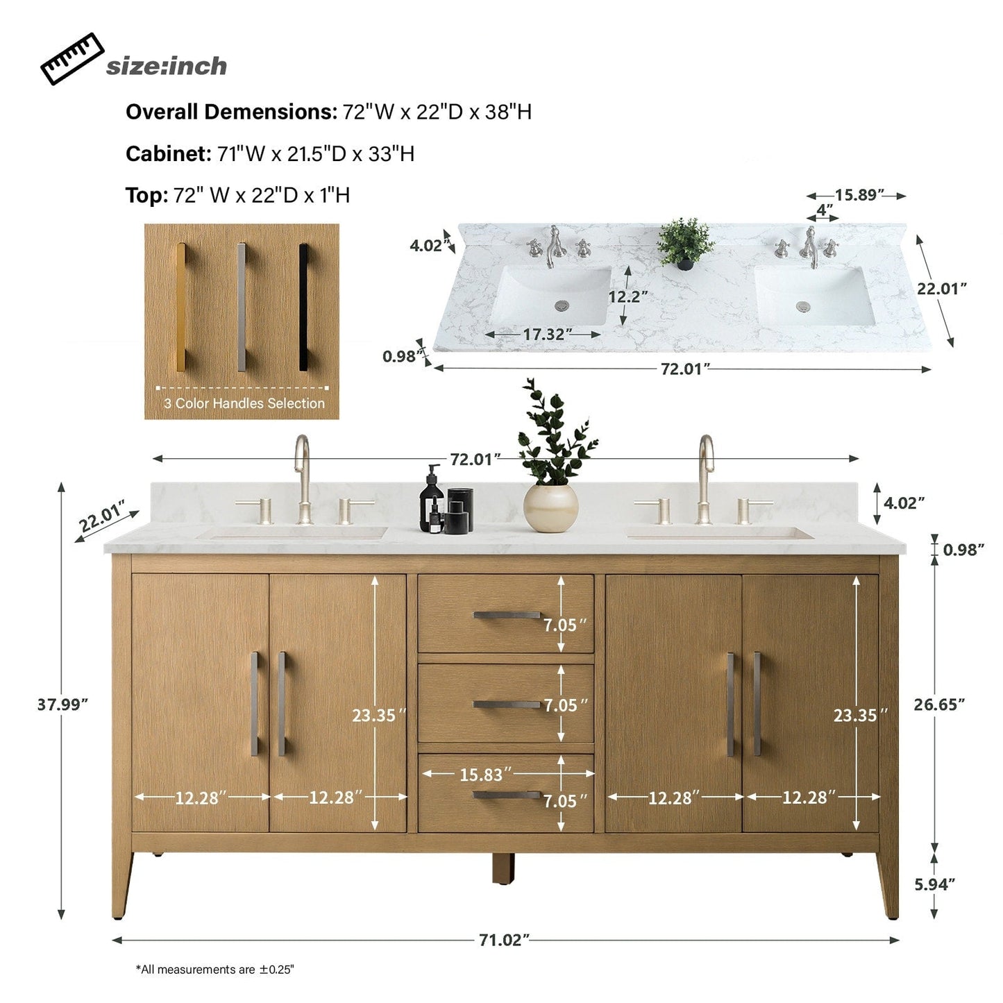 Meuble-lavabo de salle de bain Art 72 avec double lavabo et dessus en marbre synthétique.
