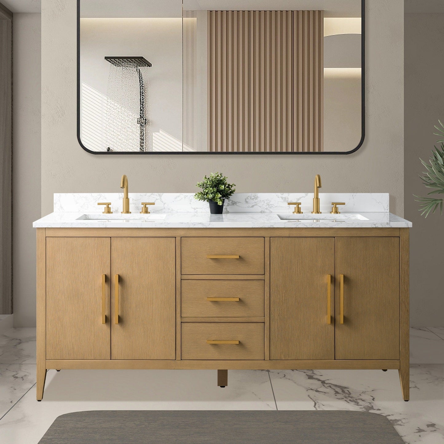 Meuble-lavabo de salle de bain Art 72 avec double lavabo et dessus en marbre synthétique.