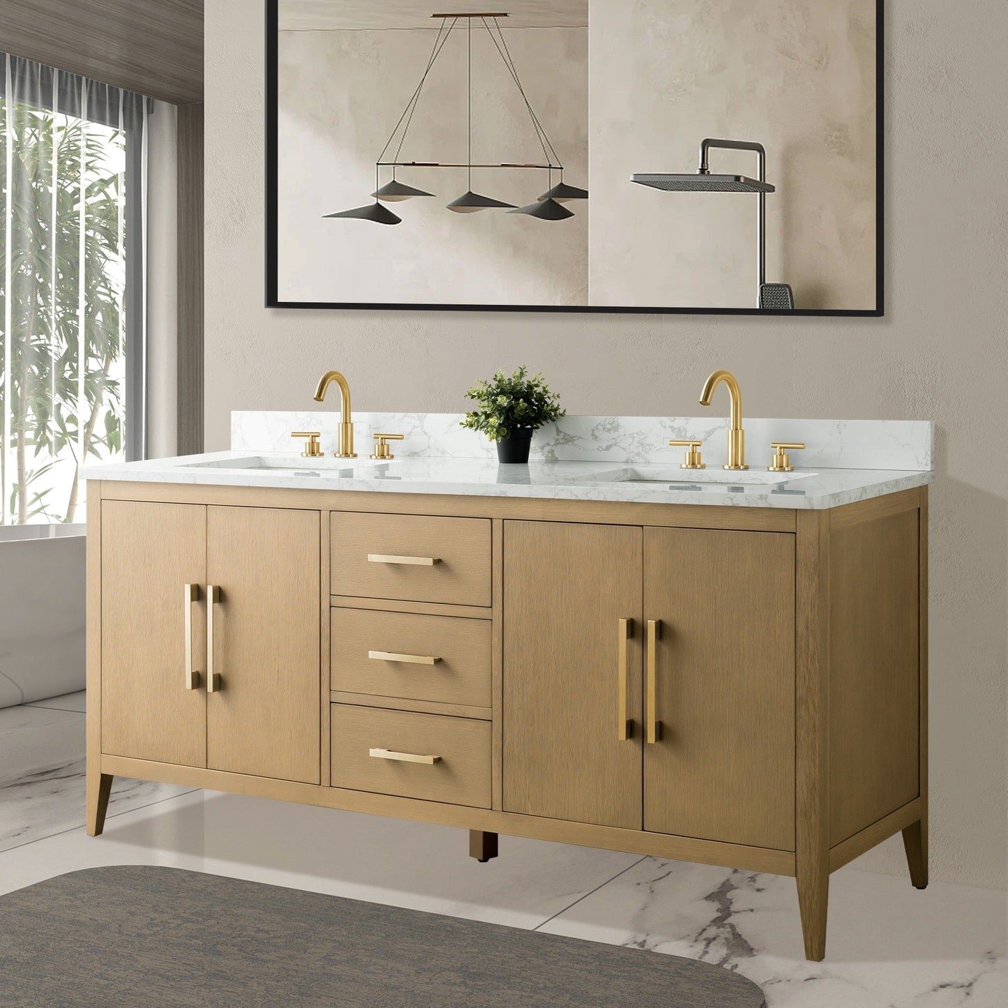 Meuble-lavabo de salle de bain Art 72 avec double lavabo et dessus en marbre synthétique.