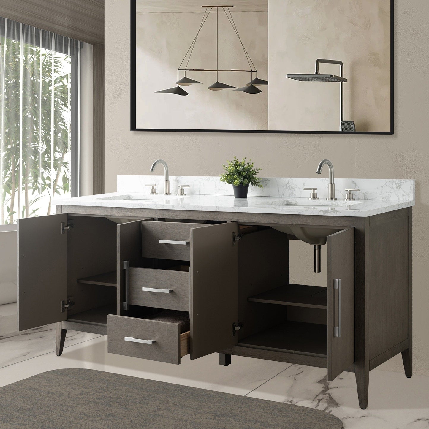 Meuble-lavabo de salle de bain Art 72 avec double lavabo et dessus en marbre synthétique.
