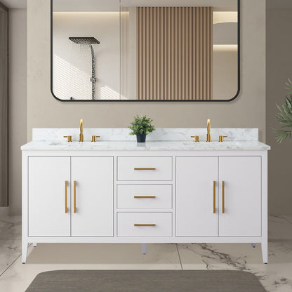 Meuble-lavabo de salle de bain Art 72 avec double lavabo et dessus en marbre synthétique.