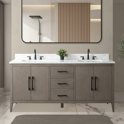Meuble-lavabo de salle de bain Art 72 avec double lavabo et dessus en marbre synthétique.