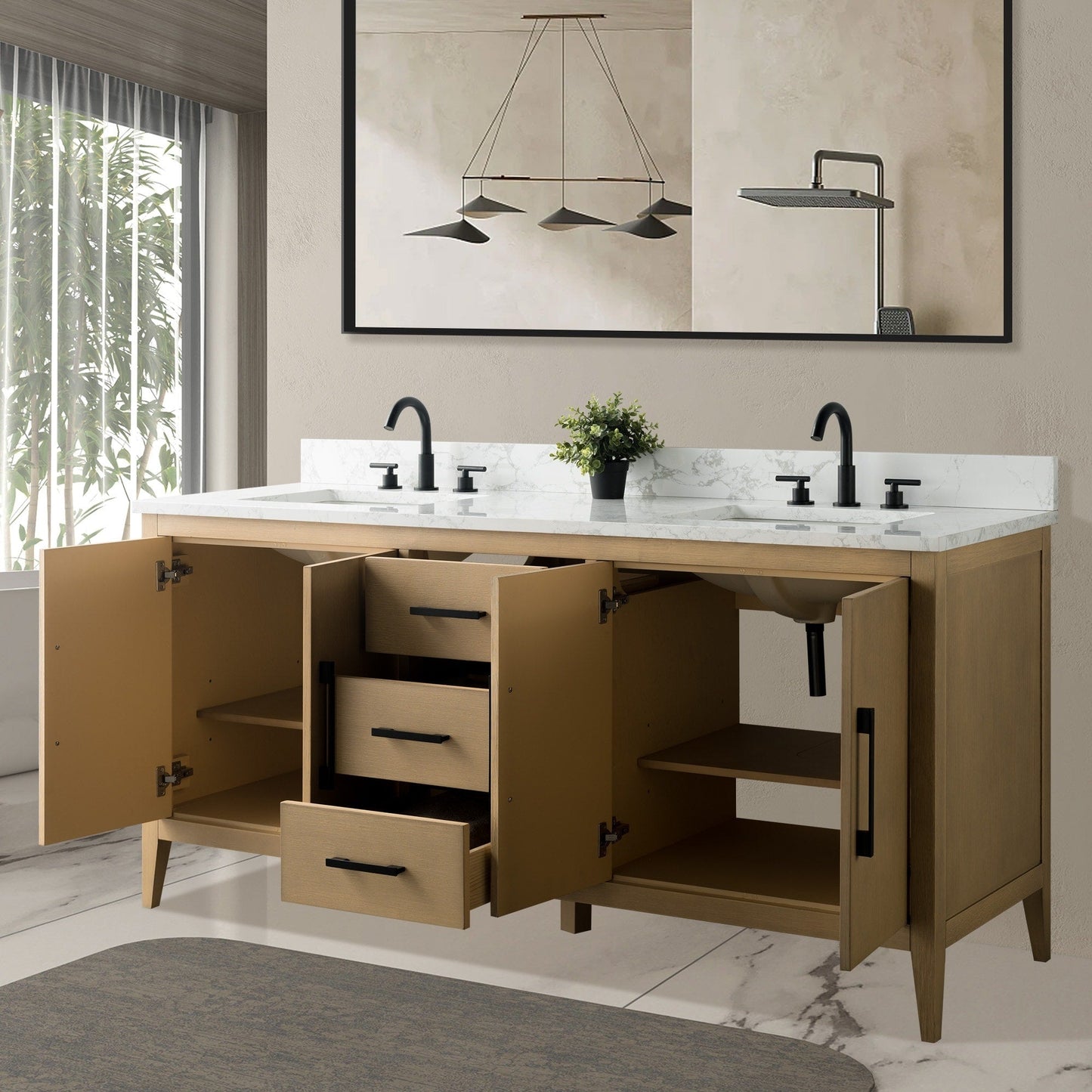 Meuble-lavabo de salle de bain Art 72 avec double lavabo et dessus en marbre synthétique.