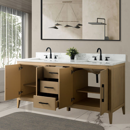 Meuble-lavabo de salle de bain Art 72 avec double lavabo et dessus en marbre synthétique.