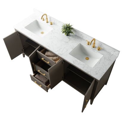 Meuble-lavabo de salle de bain Art 72 avec double lavabo et dessus en marbre synthétique.
