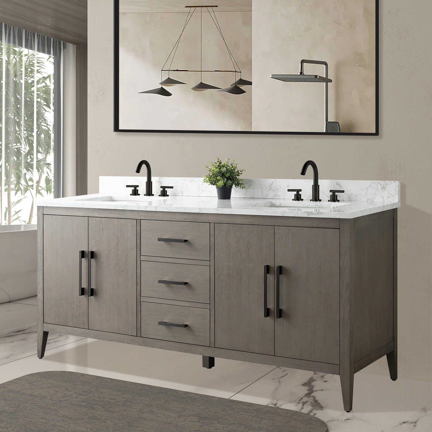 Meuble-lavabo de salle de bain Art 72 avec double lavabo et dessus en marbre synthétique.