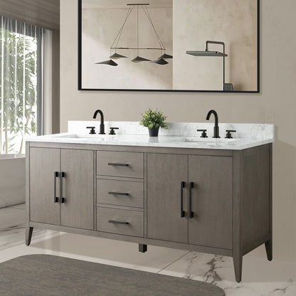Meuble-lavabo de salle de bain Art 72 avec double lavabo et dessus en marbre synthétique.