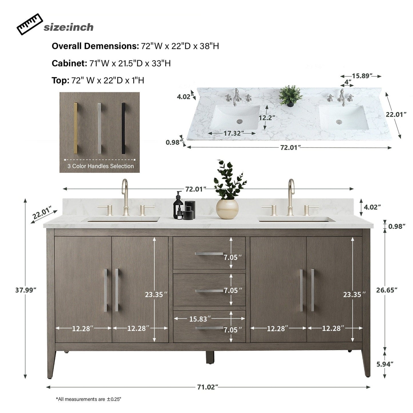 Meuble-lavabo de salle de bain Art 72 avec double lavabo et dessus en marbre synthétique.