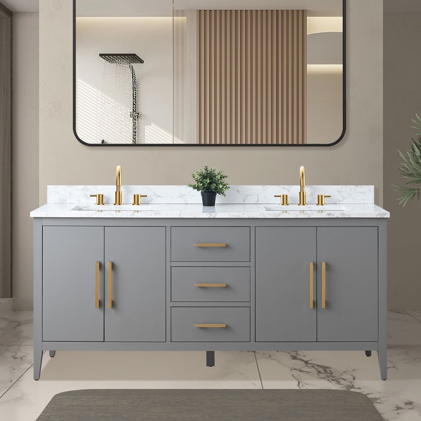 Meuble-lavabo de salle de bain Art 72 avec double lavabo et dessus en marbre synthétique.