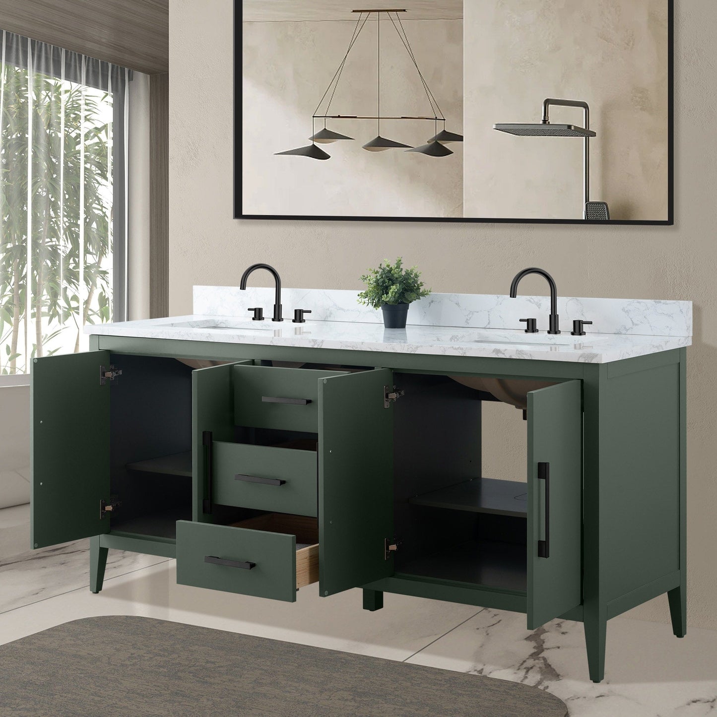 Meuble-lavabo de salle de bain Art 72 avec double lavabo et dessus en marbre synthétique.