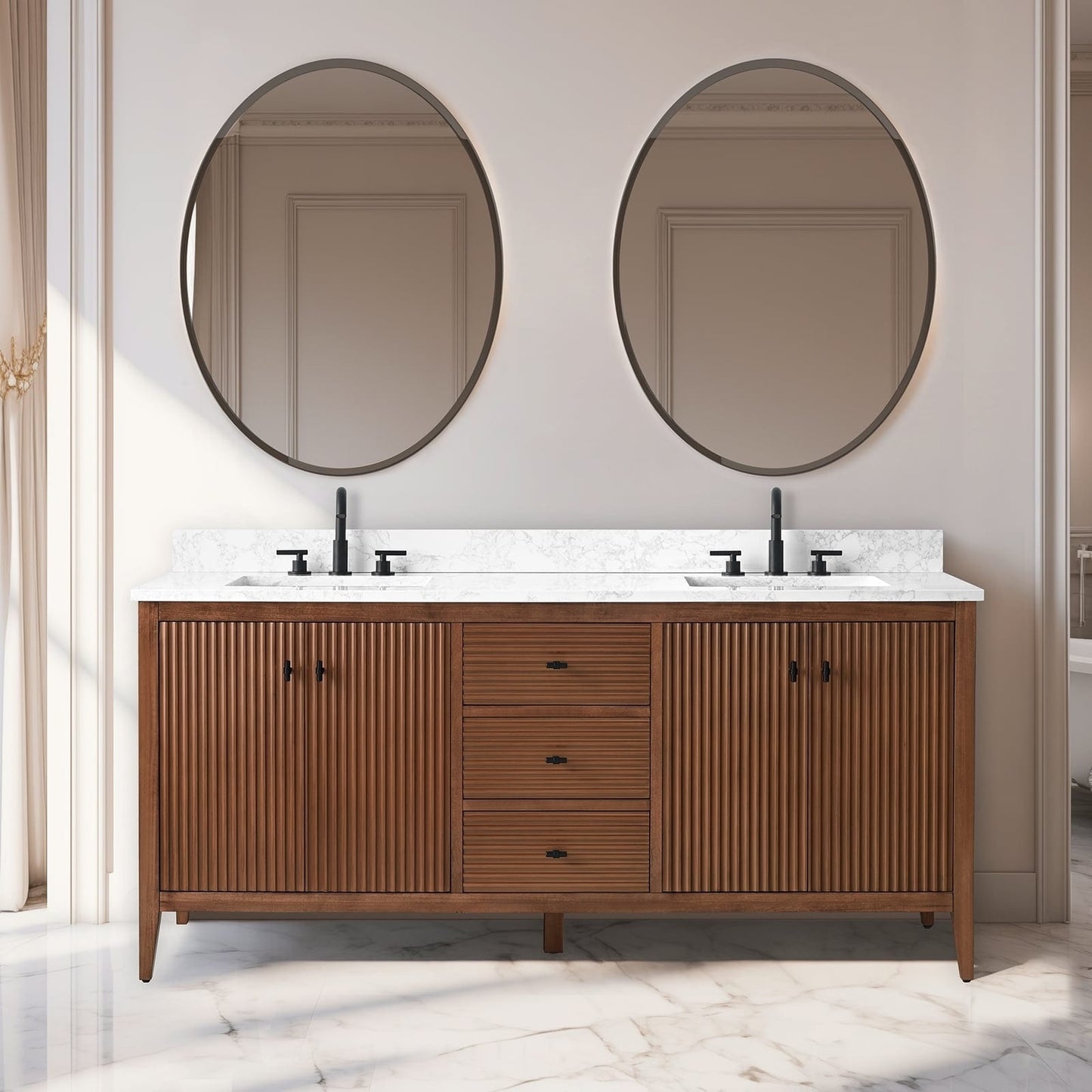 Meuble-lavabo de salle de bain Art 72 avec double lavabo et dessus en marbre synthétique.