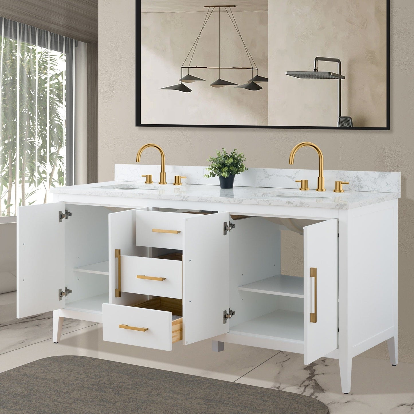 Meuble-lavabo de salle de bain Art 72 avec double lavabo et dessus en marbre synthétique.