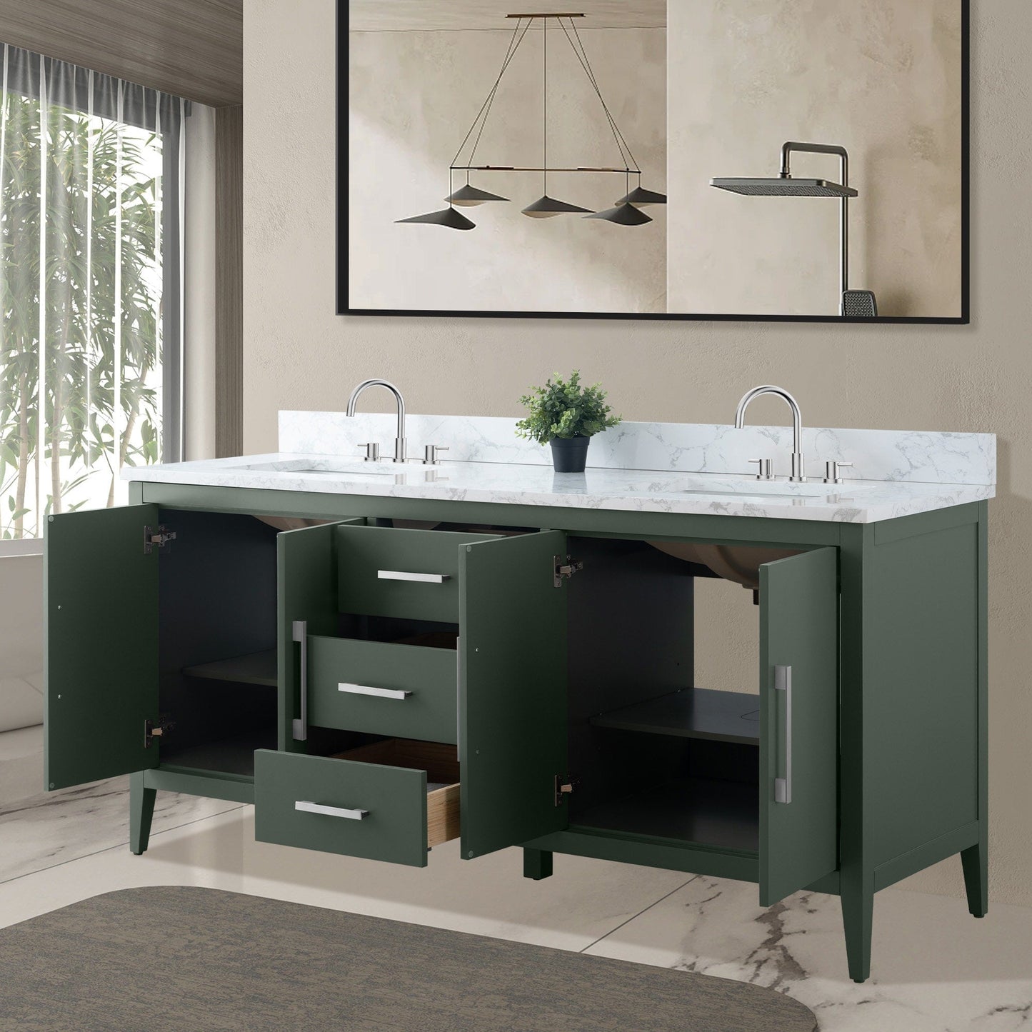 Meuble-lavabo de salle de bain Art 72 avec double lavabo et dessus en marbre synthétique.
