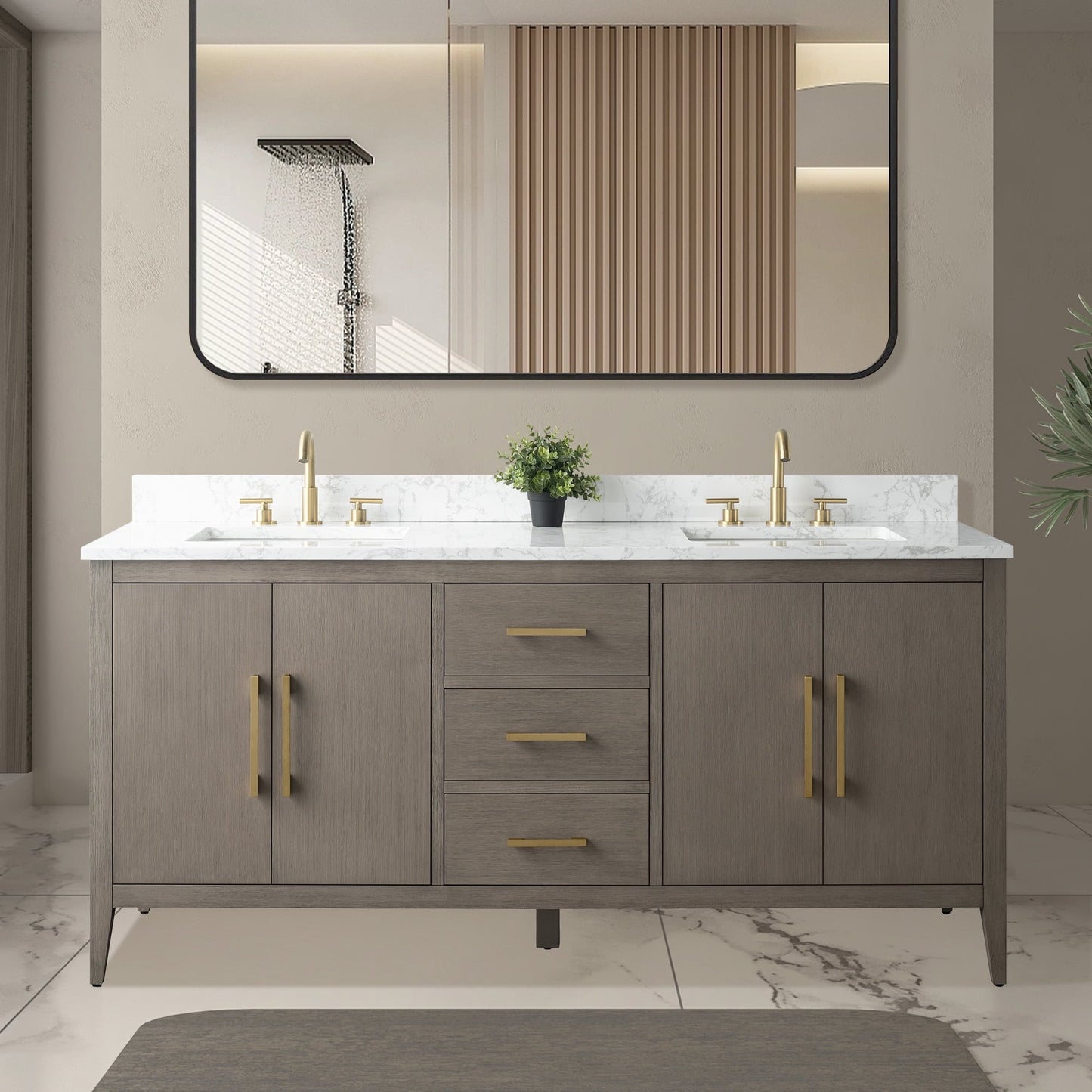 Meuble-lavabo de salle de bain Art 72 avec double lavabo et dessus en marbre synthétique.