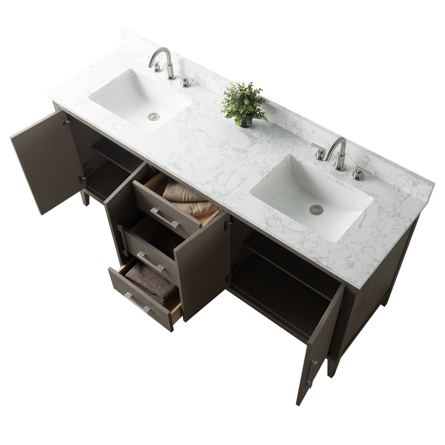Meuble-lavabo de salle de bain Art 72 avec double lavabo et dessus en marbre synthétique.