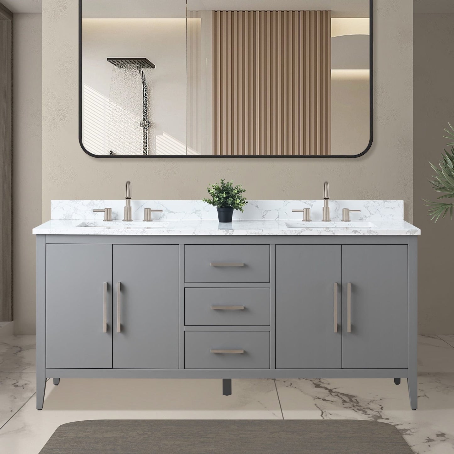 Meuble-lavabo de salle de bain Art 72 avec double lavabo et dessus en marbre synthétique.