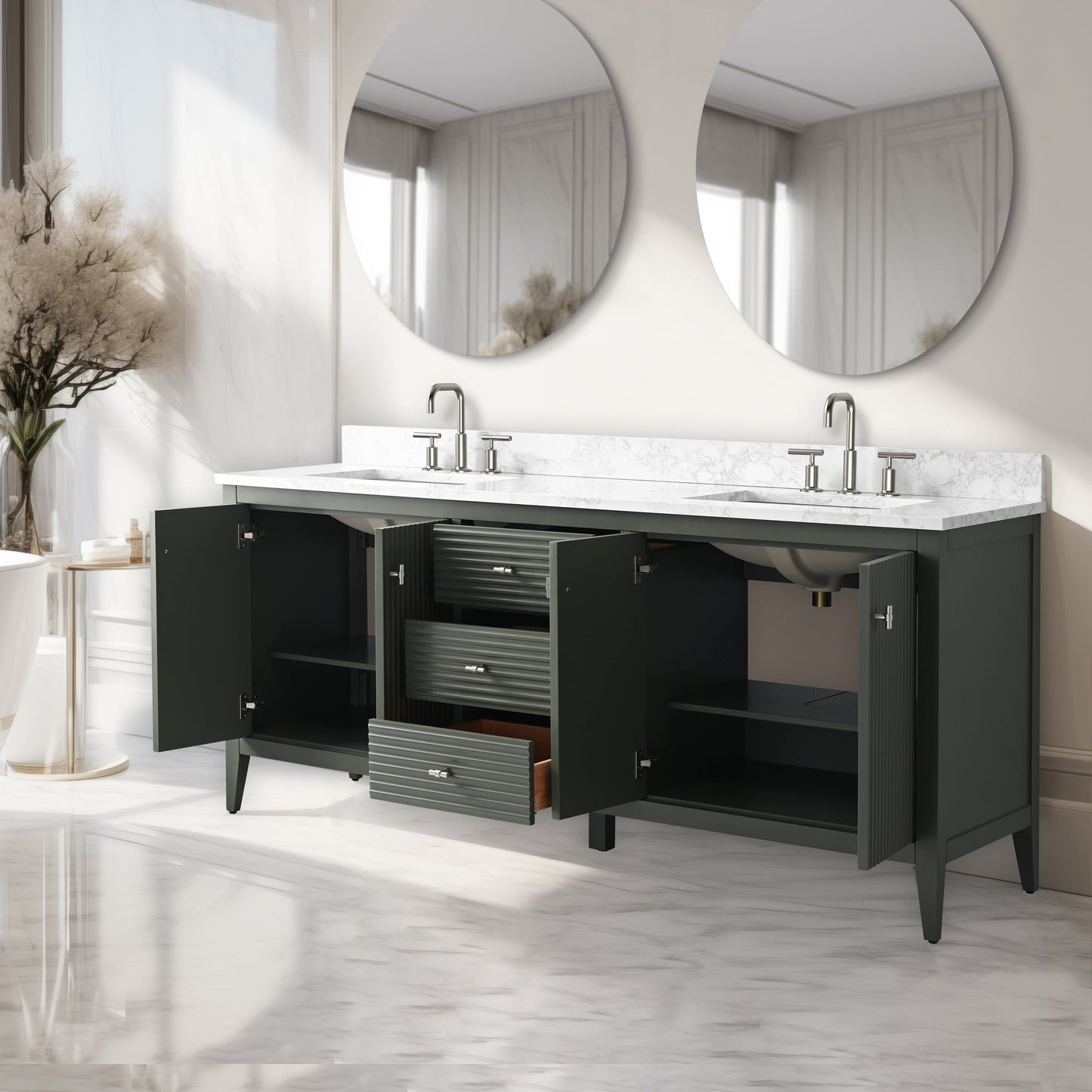 Meuble-lavabo de salle de bain Art 72 avec double lavabo et dessus en marbre synthétique.