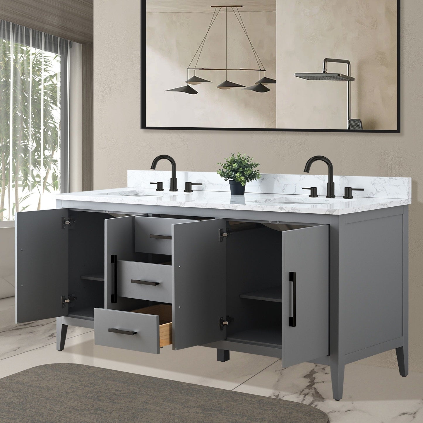 Meuble-lavabo de salle de bain Art 72 avec double lavabo et dessus en marbre synthétique.