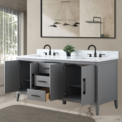 Meuble-lavabo de salle de bain Art 72 avec double lavabo et dessus en marbre synthétique.