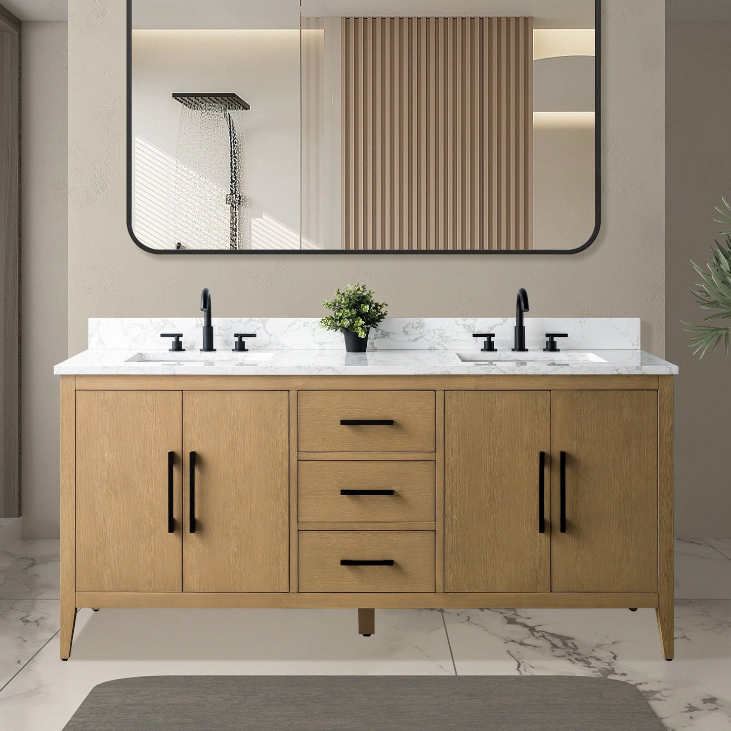 Meuble-lavabo de salle de bain Art 72 avec double lavabo et dessus en marbre synthétique.