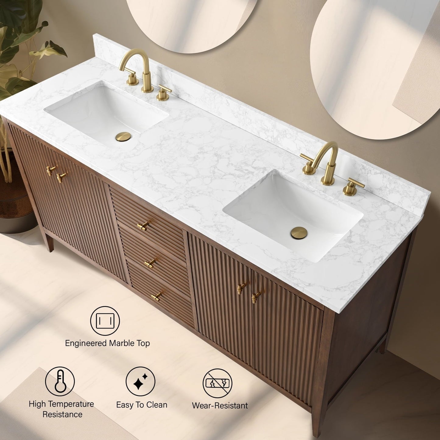 Meuble-lavabo de salle de bain Art 72 avec double lavabo et dessus en marbre synthétique.