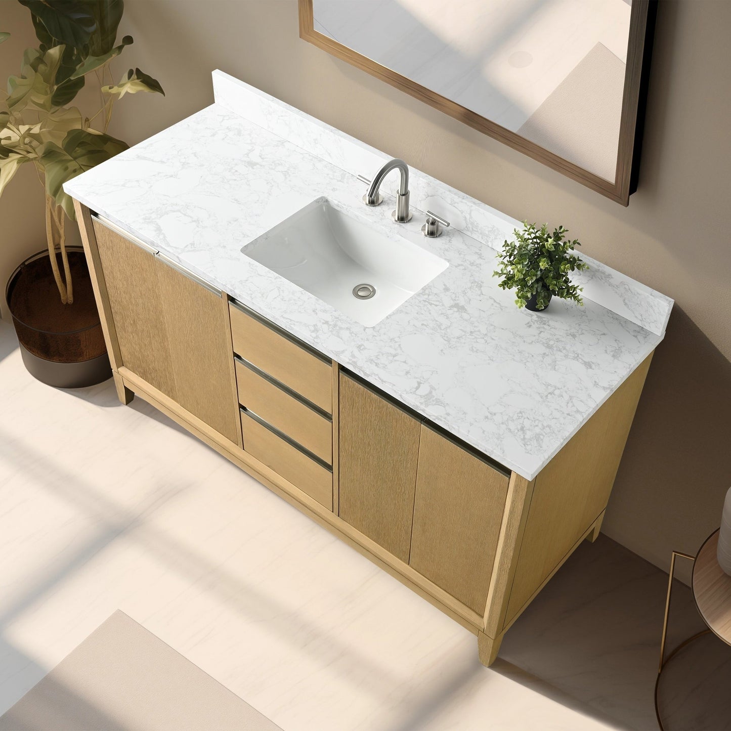 Meuble-lavabo Vanity Art avec lavabo en céramique et plan de travail en marbre composite.