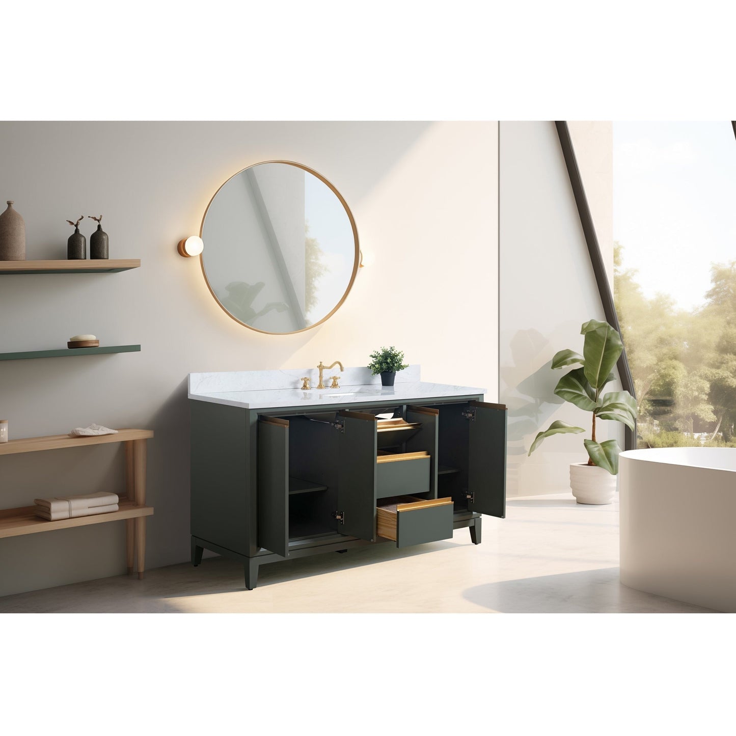 Meuble-lavabo Vanity Art avec lavabo en céramique et plan de travail en marbre composite.