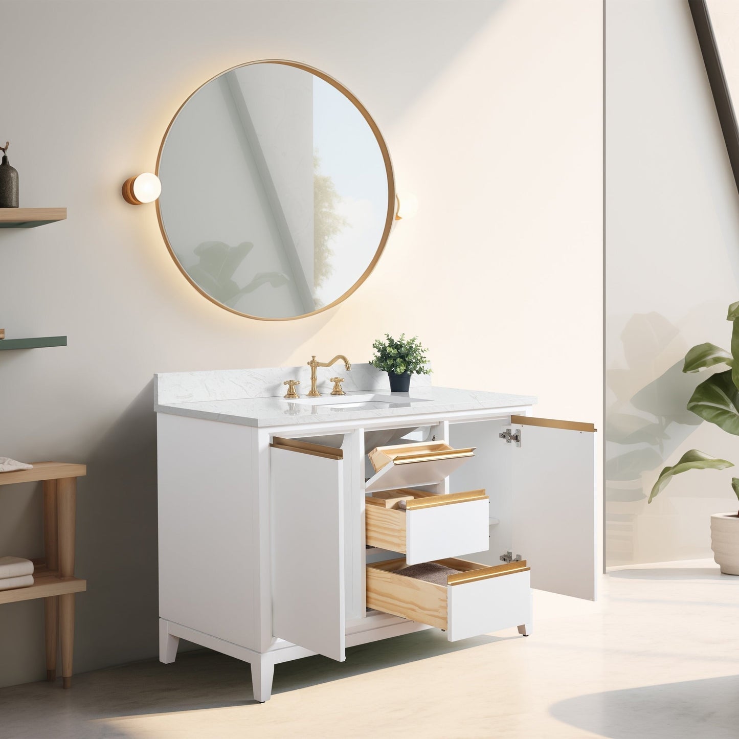 Meuble-lavabo Vanity Art avec lavabo en céramique et plan de travail en marbre composite.