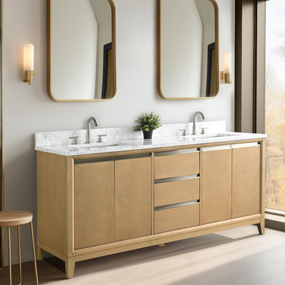 Meuble-lavabo Vanity Art avec lavabo en céramique et plan de travail en marbre composite.