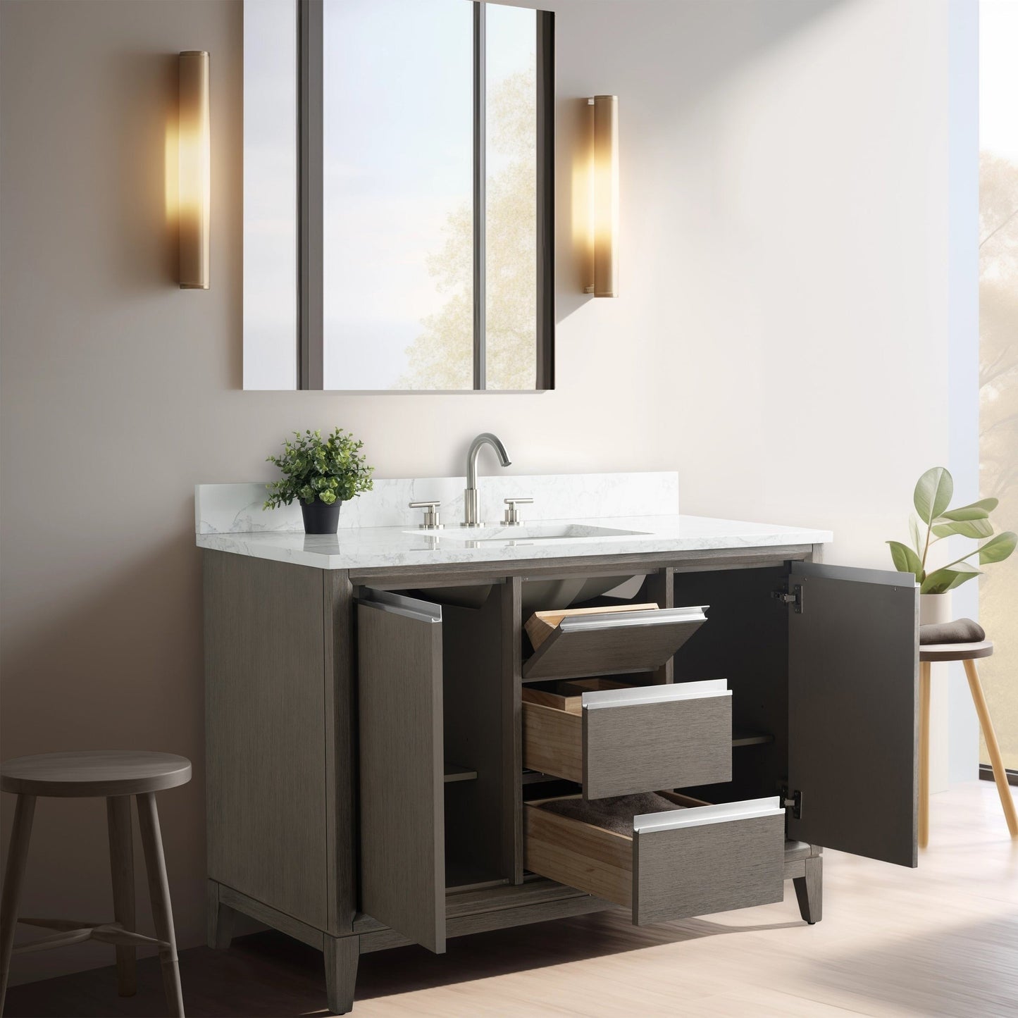 Meuble-lavabo Vanity Art avec lavabo en céramique et plan de travail en marbre composite.