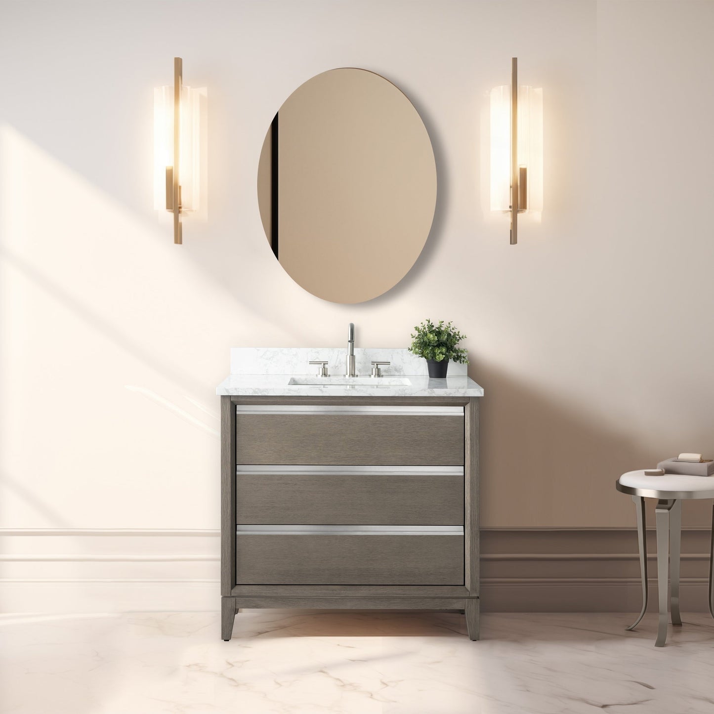 Meuble-lavabo Vanity Art avec lavabo en céramique et plan de travail en marbre composite.