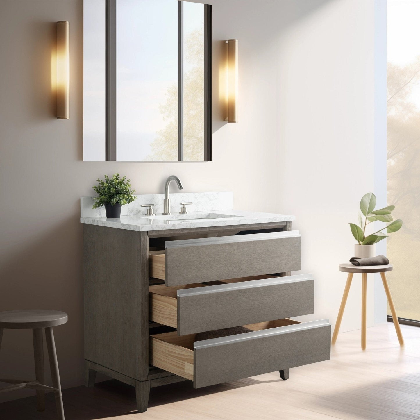 Meuble-lavabo Vanity Art avec lavabo en céramique et plan de travail en marbre composite.