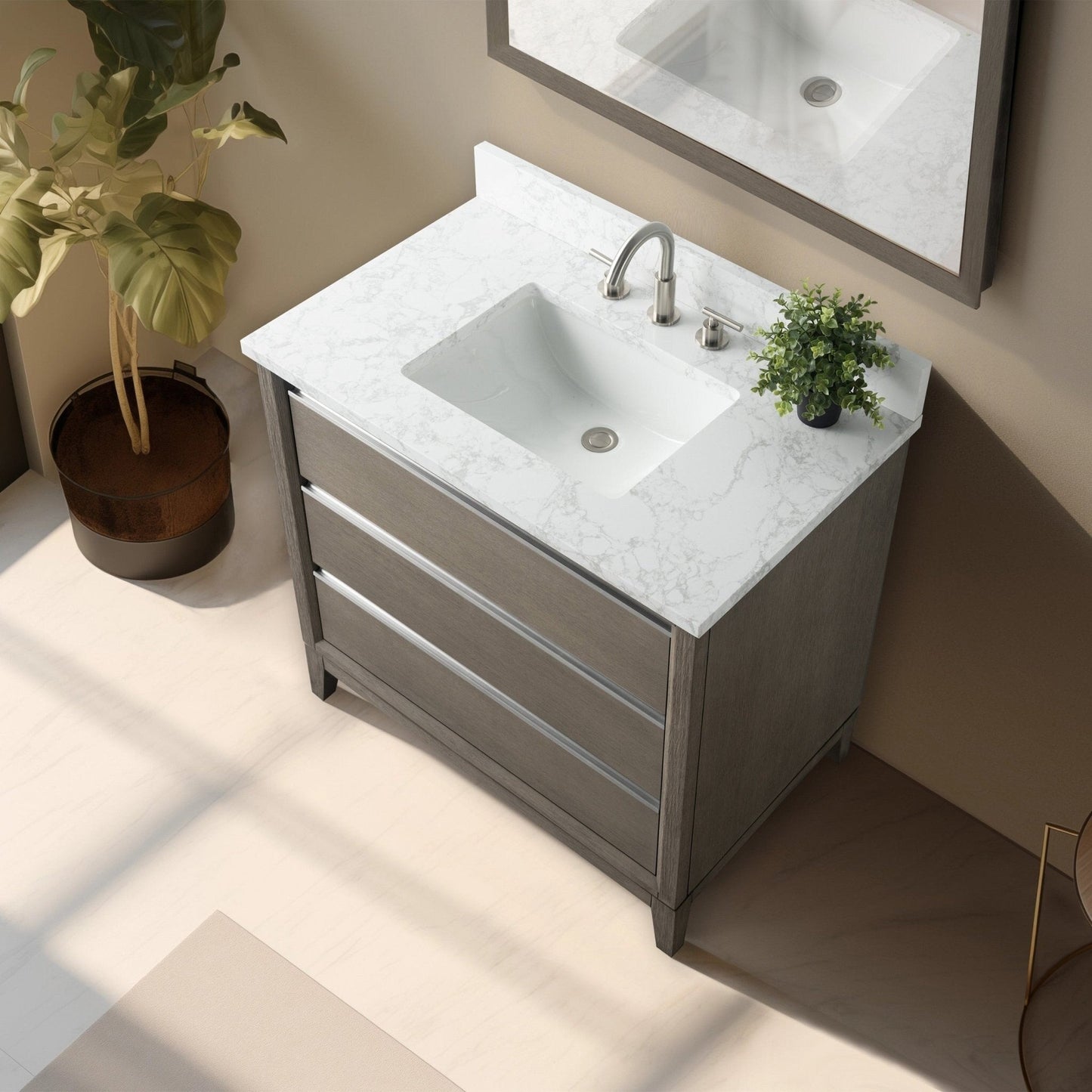 Meuble-lavabo Vanity Art avec lavabo en céramique et plan de travail en marbre composite.