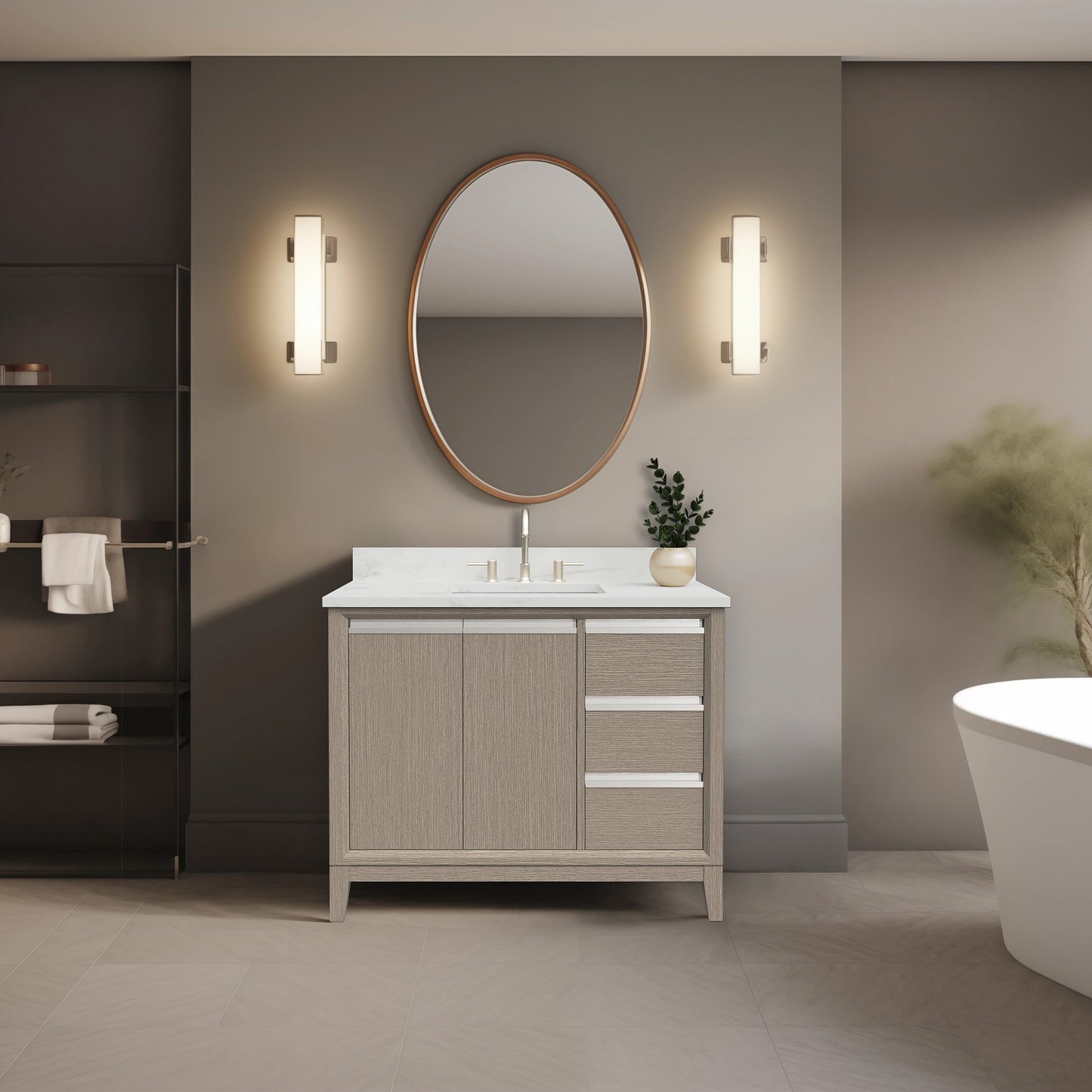 Meuble-lavabo Vanity Art avec lavabo en céramique et plan de travail en marbre composite.