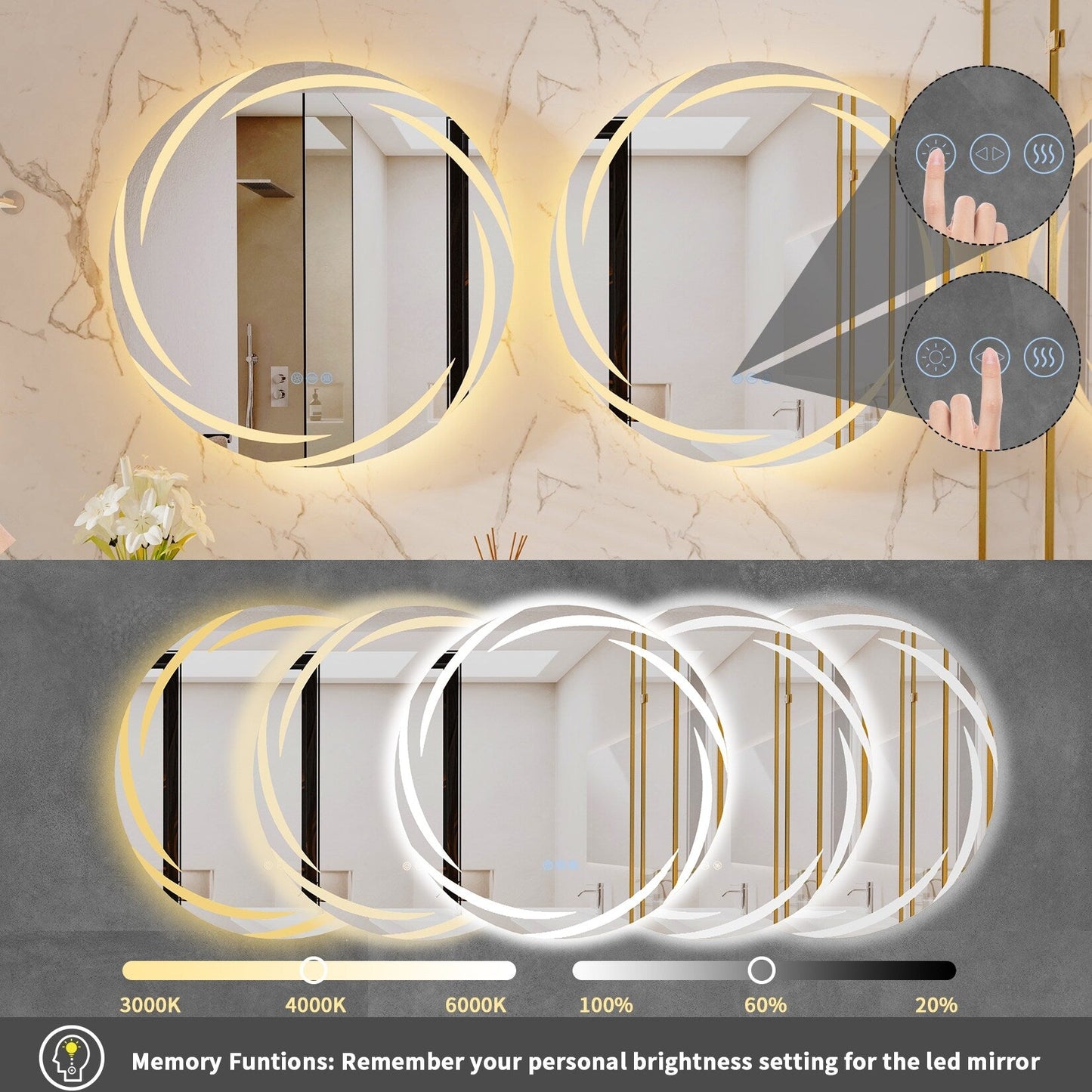 Miropoir de salle de bain à LED étanche, avec éclairage tactile, anti-buée, vanité, intensité variable.