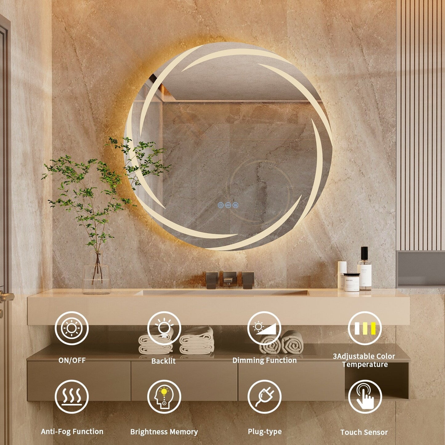 Miropoir de salle de bain à LED étanche, avec éclairage tactile, anti-buée, vanité, intensité variable.