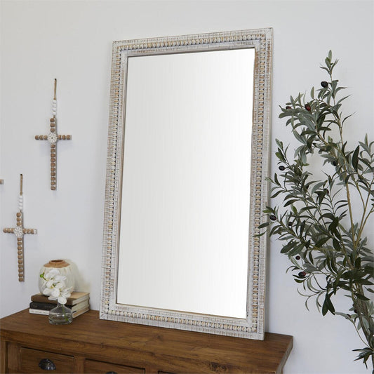 Miroir mural rectangulaire en bois sculpté et perlé, style rustique blanchi, 48 x 28 - Miroir 48 x 28