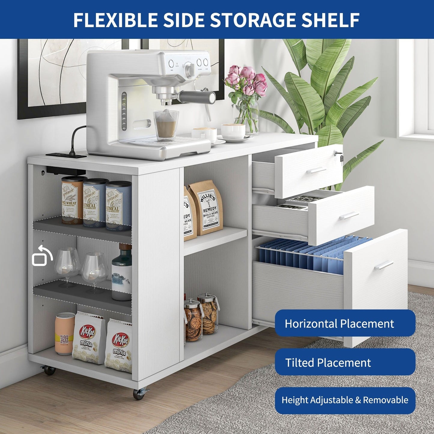Meuble de rangement en bois avec station de recharge, classeur latéral mobile, verrouillable, compatible avec les dossiers A4, lettres et documents légaux.