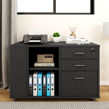 Meuble de rangement en bois avec station de recharge, classeur latéral mobile, verrouillable, compatible avec les dossiers A4, lettres et documents légaux.