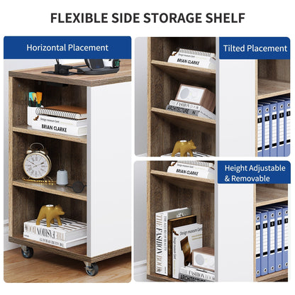 Meuble de rangement en bois avec station de recharge, classeur latéral mobile, verrouillable, compatible avec les dossiers A4, lettres et documents légaux.