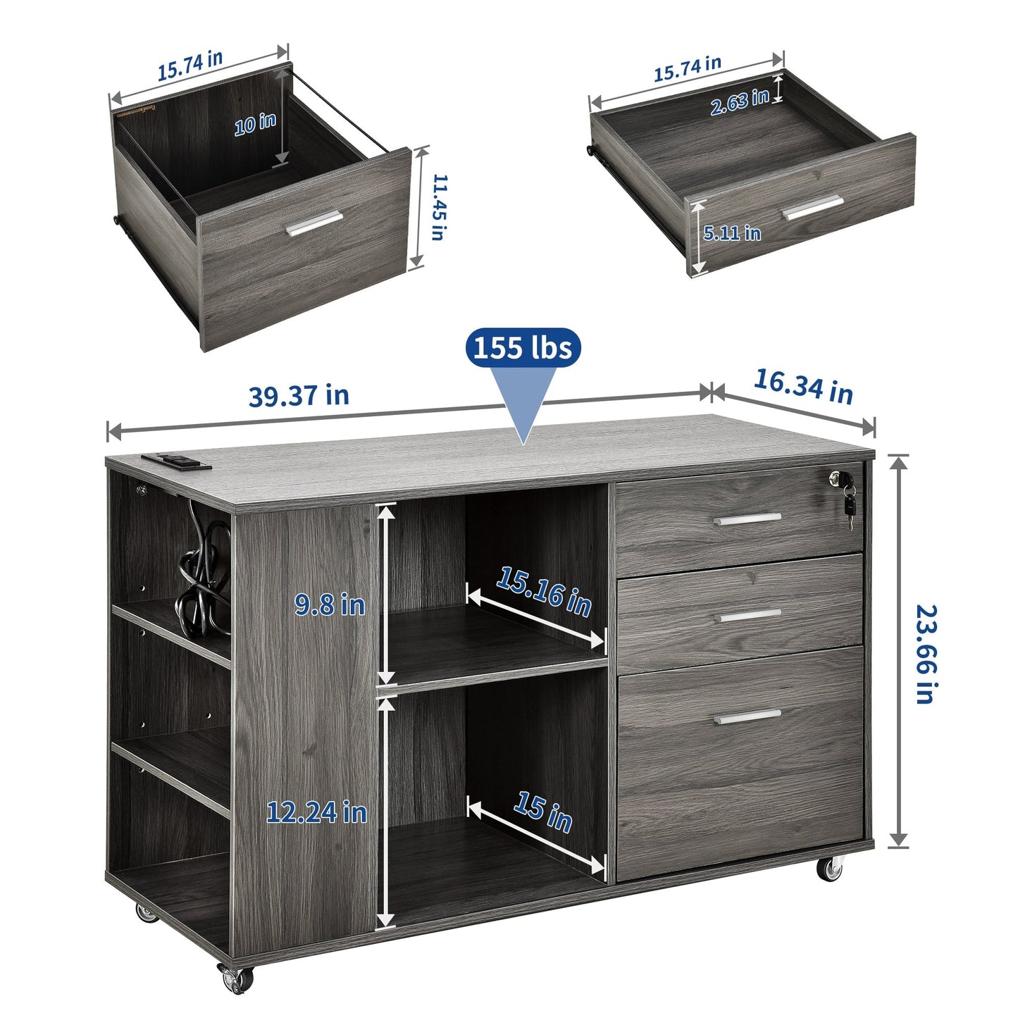 Meuble de rangement en bois avec station de recharge, classeur latéral mobile, verrouillable, compatible avec les dossiers A4, lettres et documents légaux.