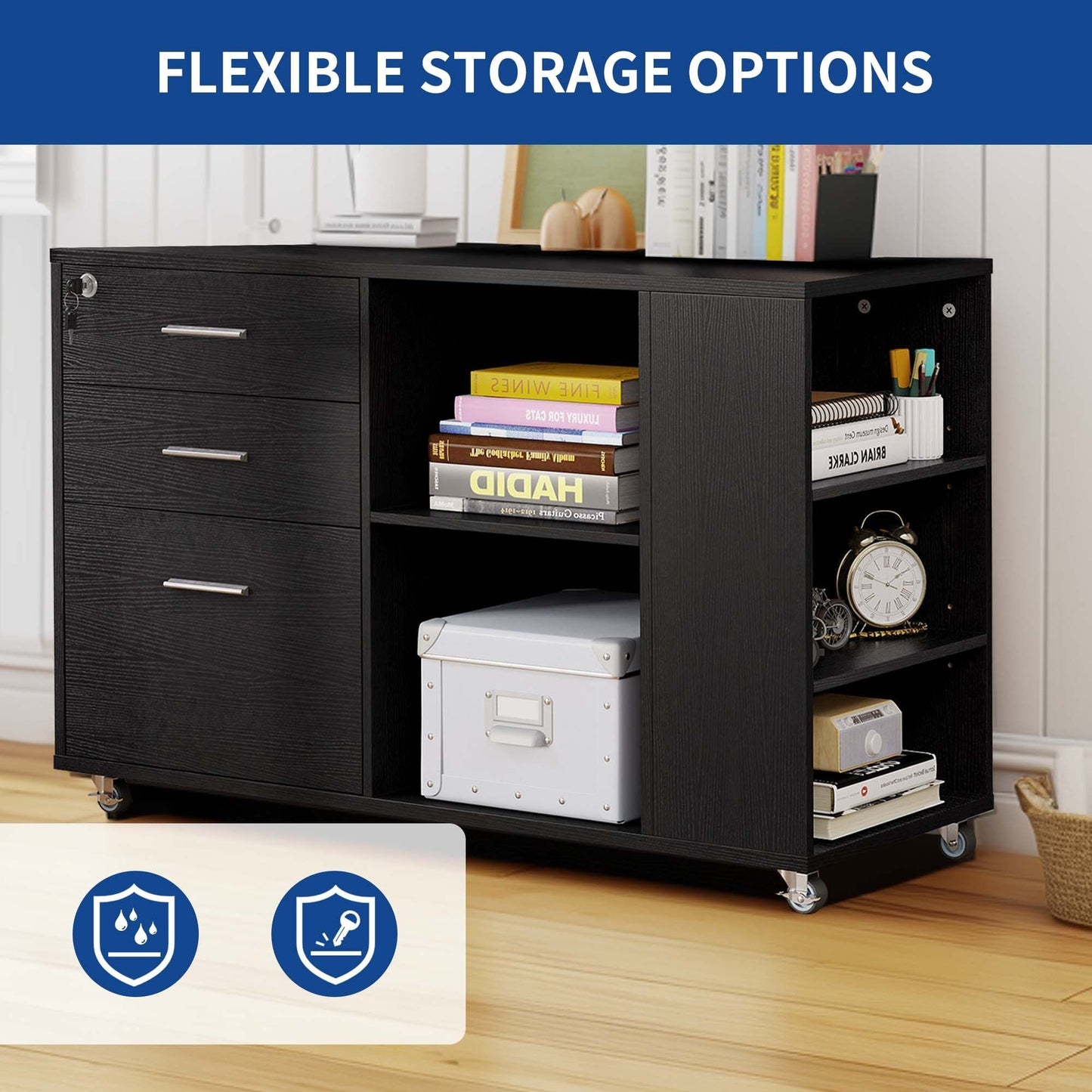 Meuble de rangement en bois avec station de recharge, classeur latéral mobile, verrouillable, compatible avec les dossiers A4, lettres et documents légaux.